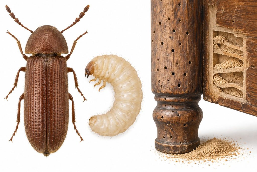 Carcoma común (Anobium punctatum): escarabajo adulto, larva y agujeros redondos de 1-2 mm con serrín en un mueble