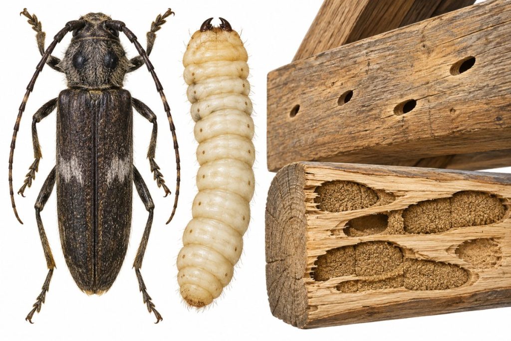 Carcoma grande (Hylotrupes bajulus): escarabajo adulto, larva y agujeros ovalados en viga de pino