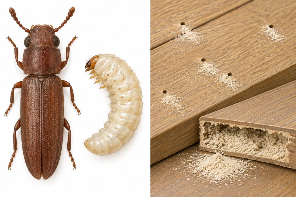 Lyctus brunneus: escarabajo adulto, larva y polvo fino como harina en tarima de roble