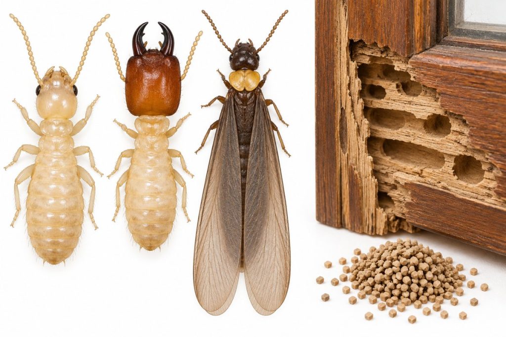 Termita de madera seca (Kalotermes flavicollis): castas, galerías limpias en la madera y excrementos en granitos