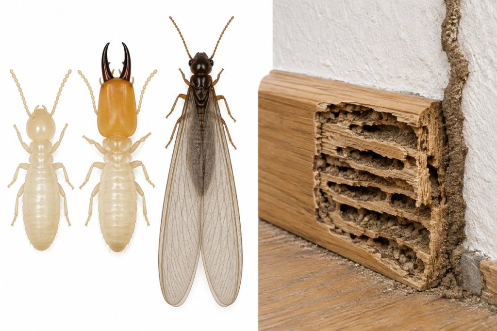 Termita subterránea (Reticulitermes): obrera, soldado y alado, y daño en rodapié con galerías y cordón de barro